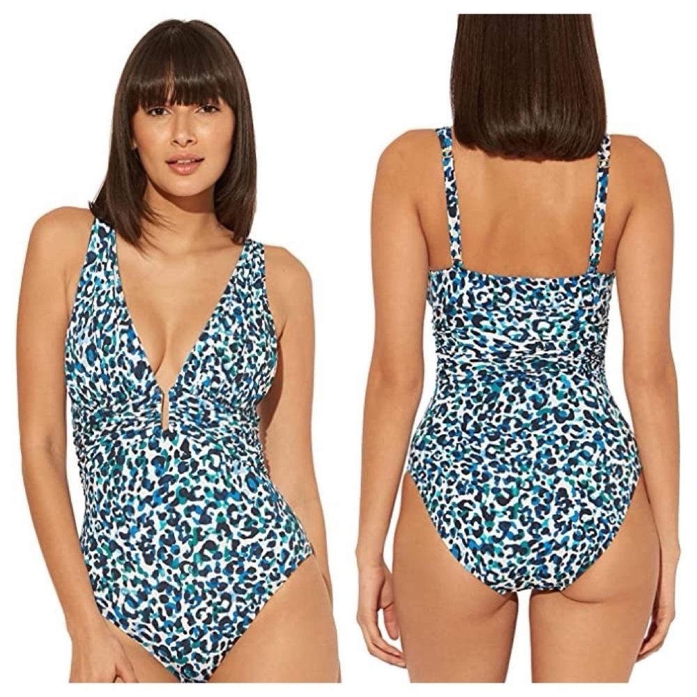 NWT Bleu Rod Beattie Leopard Print Plunge V-Neck One Piece Swimsuit, size 6